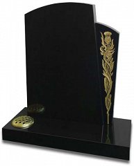 This polished Black memorial has a recessed side panel showing a deeply carved thistle with a bold metallic finish