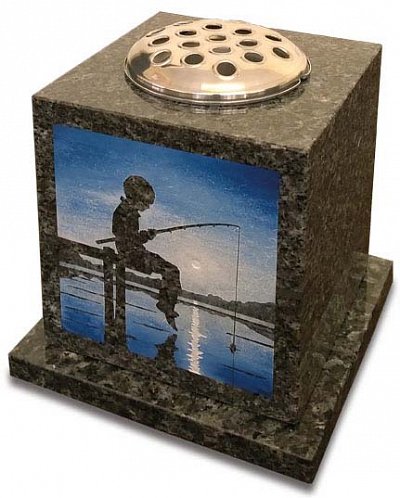 Blue Pearl granite vase memorial showing a favourite pastime.