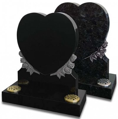 Heart shaped memorial with carved roses. Shown in Polished Black granite and in Volga Blue granite with a striking antique finish to the roses.