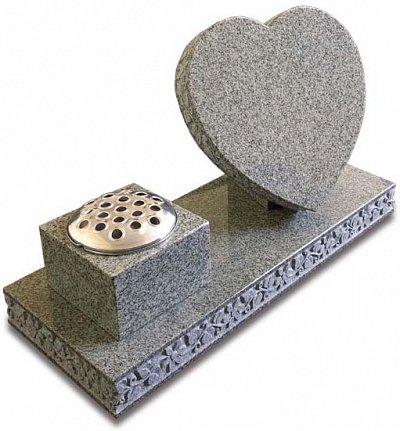 Karin Grey granite heart and vase memorial with floral carved edges.