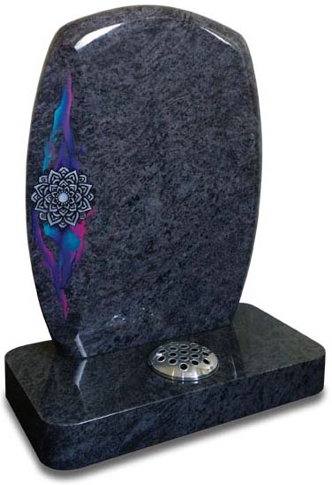 Bahama blue pebble shaped memorial with colourful Lotus flower artwork