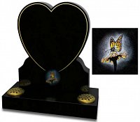 Polished Black granite heart shaped memorial with a gilded pin line and coloured butterfly ornament.