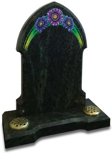 Karala Green Gothic style memorial with colourful Gerbera daisy artwork