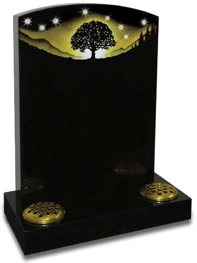 Sparkling crystal stars enhance the striking artwork on this polished Black granite memorial.