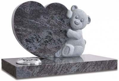 Bahama Blue granite heart shaped memorial with carved teddy bear.