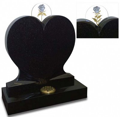 This beautifully shaped heart memorial cradles one of our exclusive carved glass discs, reverse gilded in both palladium and gold leaf. Shown in polished Galaxy Black granite. Also available without glass panel.