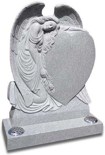 Beautifully hand carved angel embraces a cushioned heart on this imposing Grey Mist granite memorial.