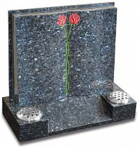 Blue Pearl granite book memorial with rose ornament.