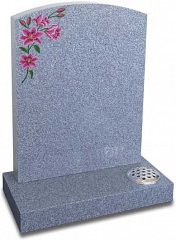 Lightly carved and painted lilies enhance this simple all polished Grey Mist memorial.
