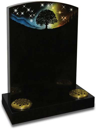 Sparkling crystal stars and silhouetted artwork on polished black granite