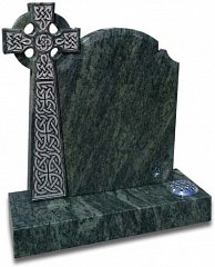 Imposing Celtic cross memorial with deep carved knot work and an antique pewter effect. Shown in polished Kerala Green granite.