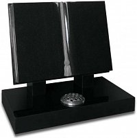 Traditional book shaped memorial with carved cord and tassel. Shown in polished Black Granite.