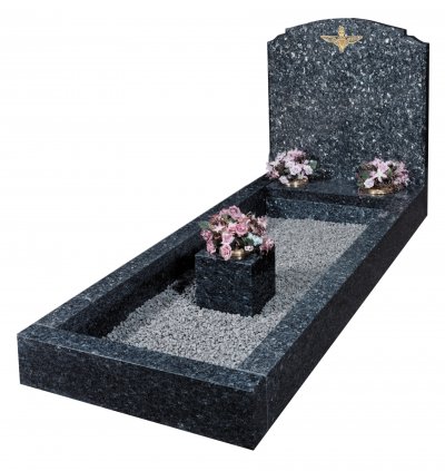 A Norwegian Blue Pearl granite kerb set memorial, with a custom badge design.