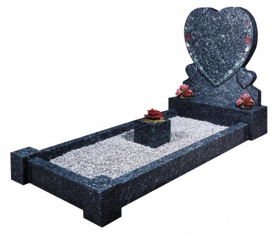 A Blue Pearl granite kerb set memorial with a triple heart design and floral ornamentation.