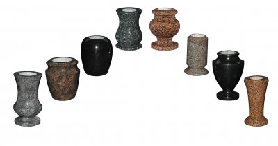 A range of vases in various granites.
